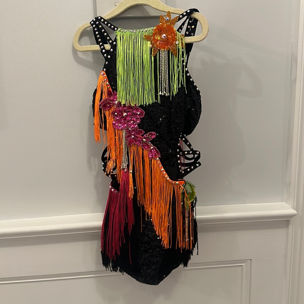 Heavily embellished black weissman medium child dance costume pink green orange